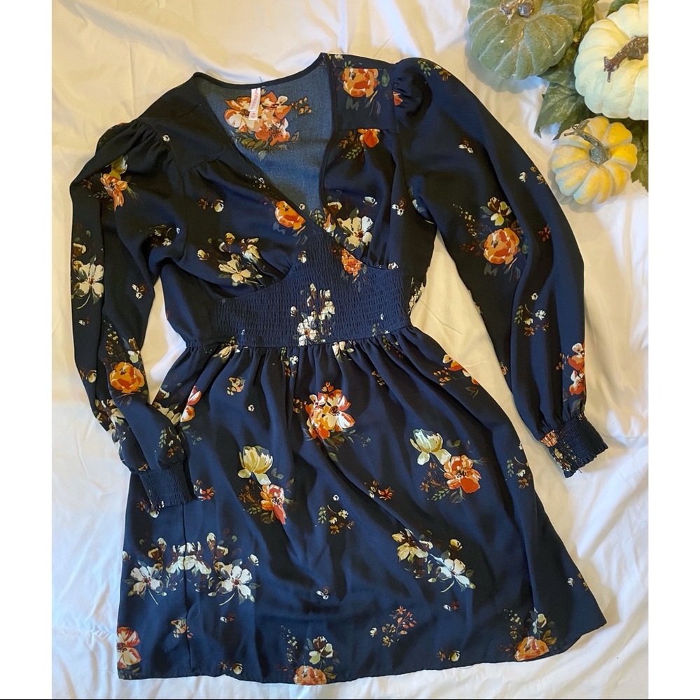 Navy Floral V-neck Long Sleeve A-line Dress